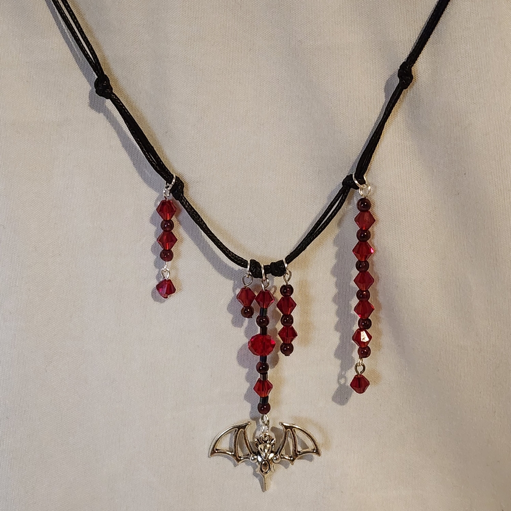Handmade Gothic Red Crystal, Genuine Garnet and Silver Bat Pendant Necklace - Picture 13 of 14